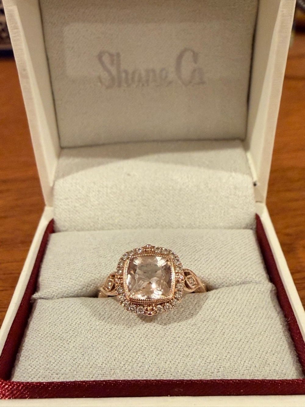 Halo Morganite and Diamond Ring, 14k Rose Gold Setting, Size 5.5